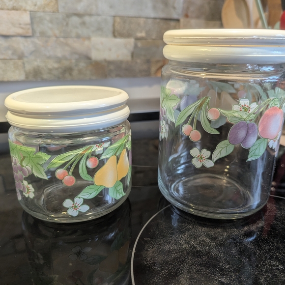 Other - SET OF TWO Floral Glass Storage Jars with White Lids Vintage
